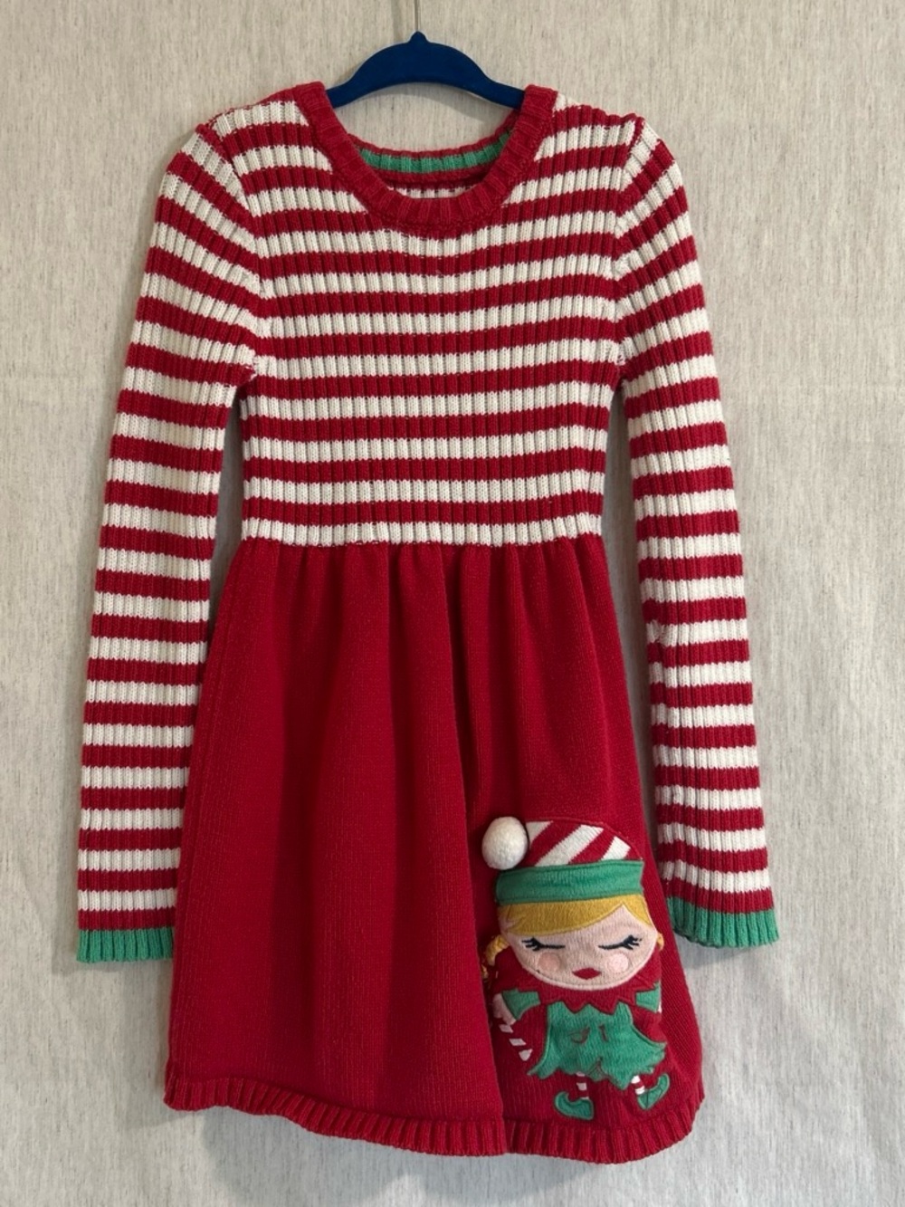 Red & White Striped Knit Holiday Dress with Elf Appliqué